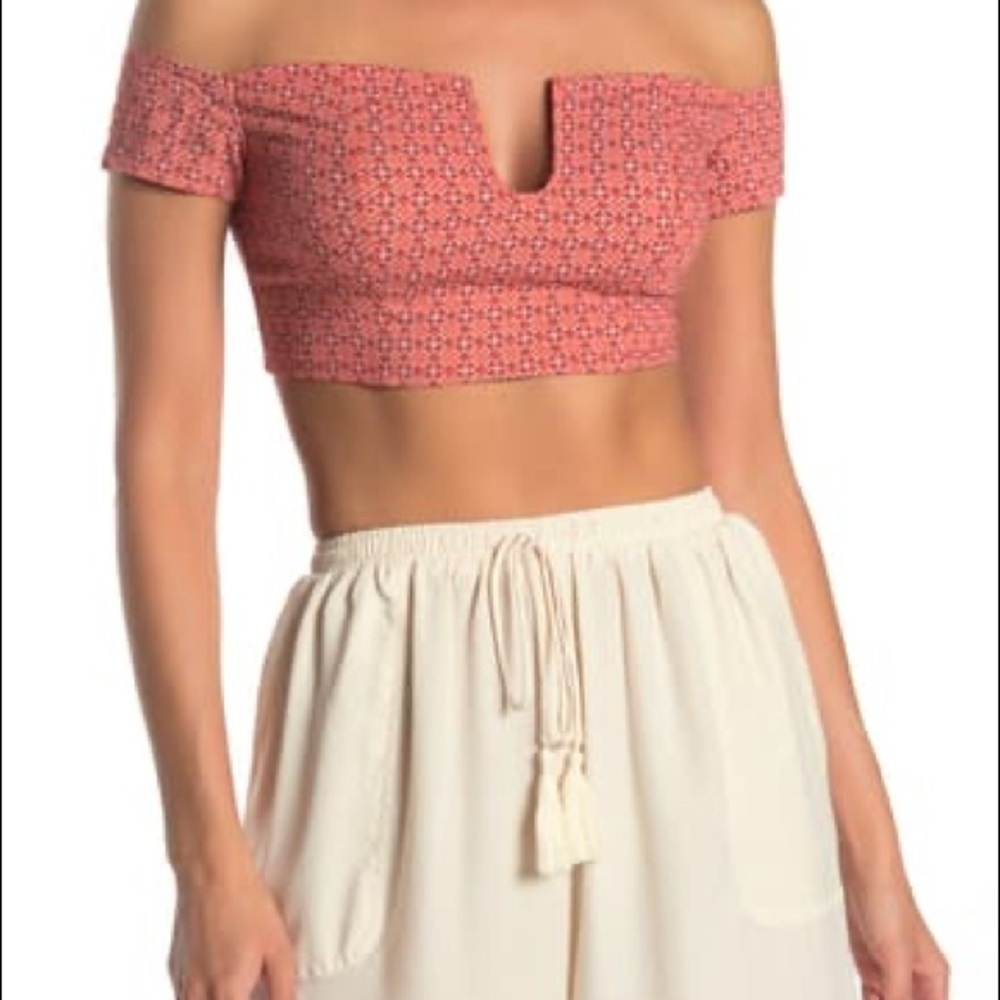 Free People Lucky Now Off Shoulder Brami Crop Top Red Print Size Medium
